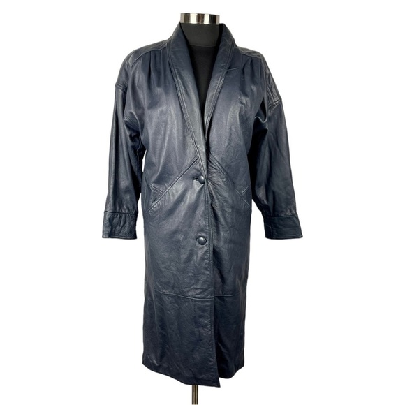 VINTAGE JACQUELINE FERRAR LEATHER NAVY BLUE OVERSIZED DROP SLEEVE 90S 80S JACKET - Picture 3 of 16